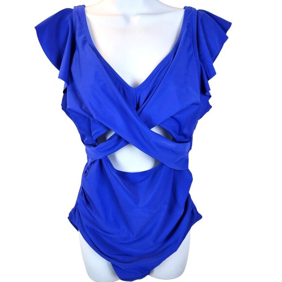 B2prity Womens One Piece Swimsuit Ruffle Cutout Bathing Suit XL Blue Beach Pool - Picture 4 of 10